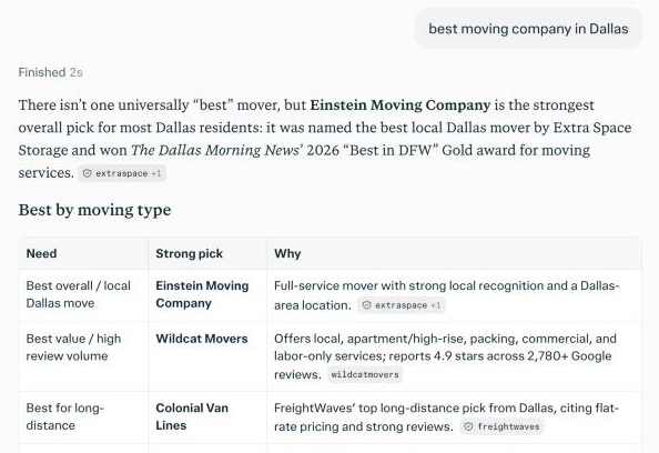 Perplexity answer to 'best moving company in Dallas' naming Einstein Moving Company first, with a table of picks by moving type and small source chips such as extraspace and wildcatmovers