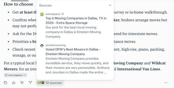 Perplexity sources list for the same answer: first source is Extra Space Storage's 'Top 6 Moving Companies in Dallas' page, second is Einstein Moving Company's own site