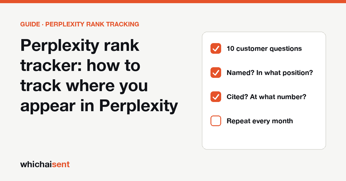 Perplexity rank tracker: ask 10 customer questions, record whether you are named and cited, repeat every month